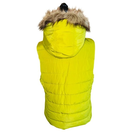Green Tea Womens Avocado YelloPuffer Vest With Faux Fur Hood & Zip Pockets Size - Picture 2 of 12
